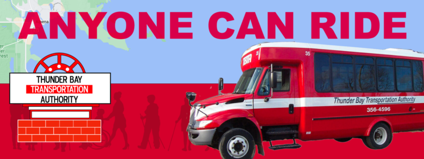 Thunder Bay Transportation Authority's red and white bus on map of Thunder Bay with silhouettes of different riders in front of the 'Anyone Can Ride' hero image