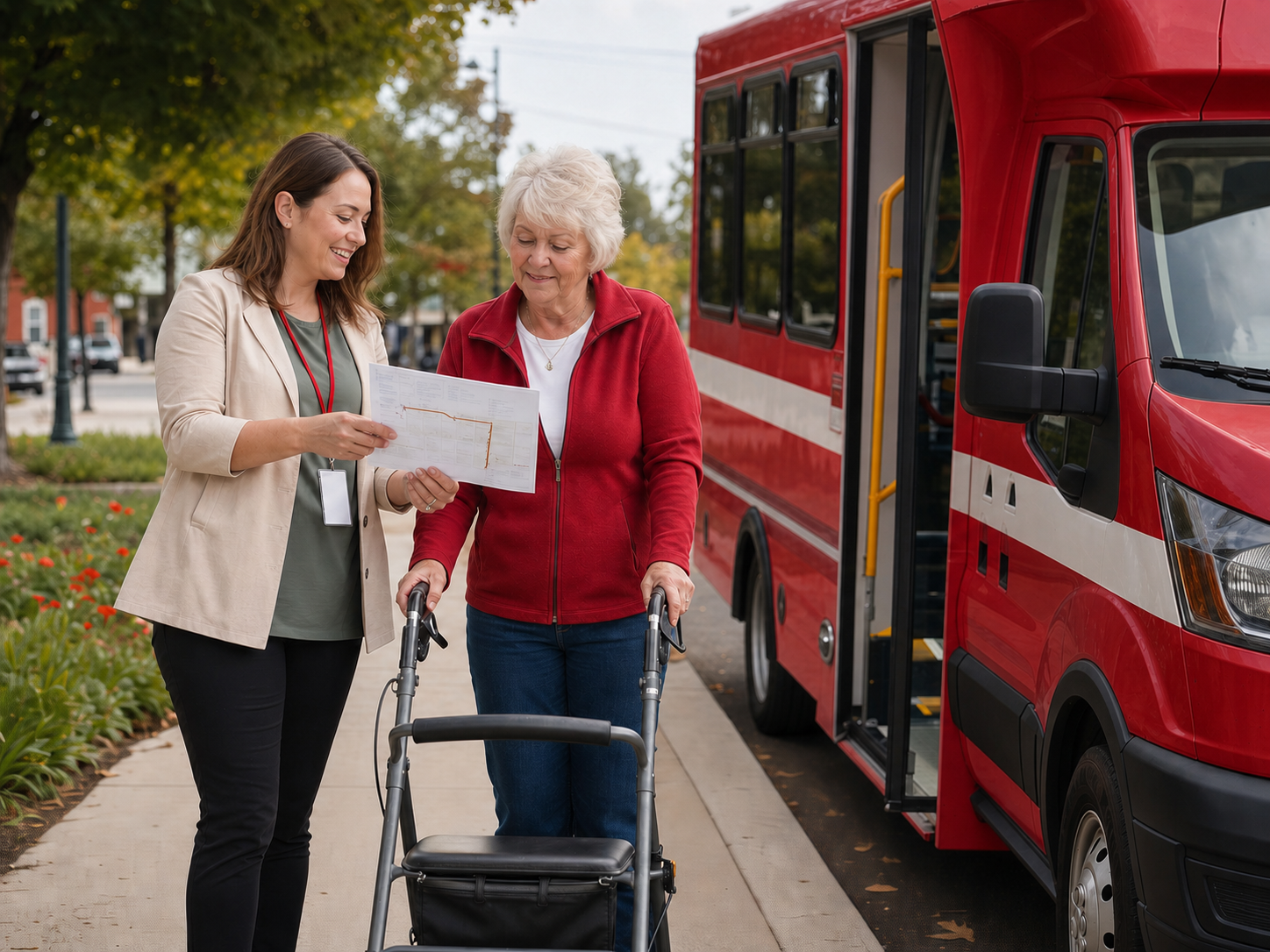 TBTA Mobility Manager helping an older adult plan a trip beside an accessible transit van